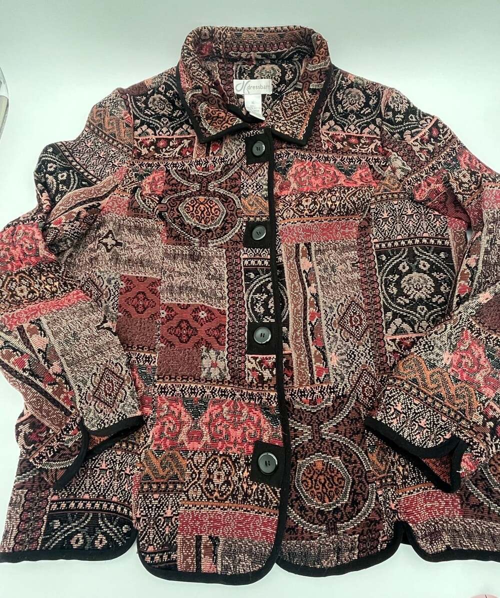 Dressbarn Tapestry Jacket XL Multicolor patchwork, carpet bag blazer scalloped